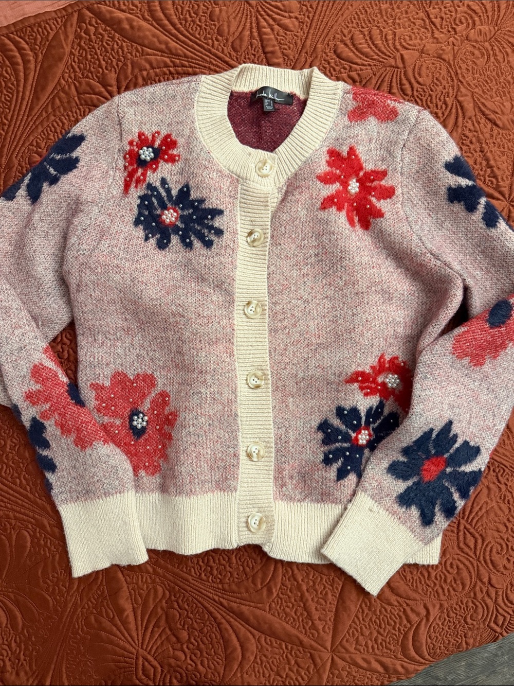 Nicole Miller Pink Heather Floral Button-Up Cardigan with Cream Trim
